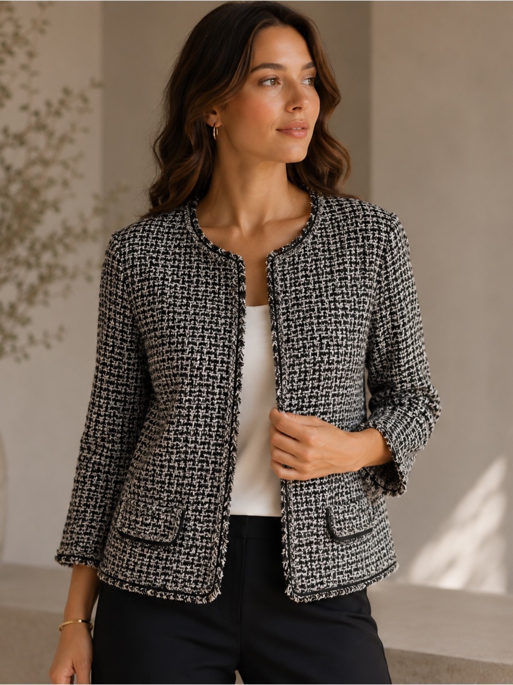 Max Studio Bouclé Tweed Jacket Large Black White Fringe Trim Blazer